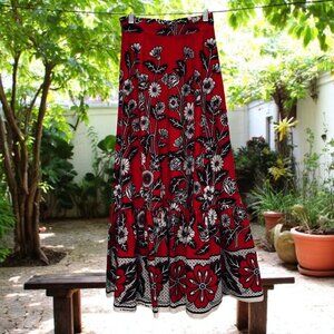 Vintage Red Floral Boho Maxi Skirt Handmade Cottagecore Festival Prairie‎ Skirt